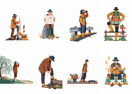 Set of flat vector illustrations featuring a frontiersman character traveling, exploring, and camping in various outdoor settings and scenarios.