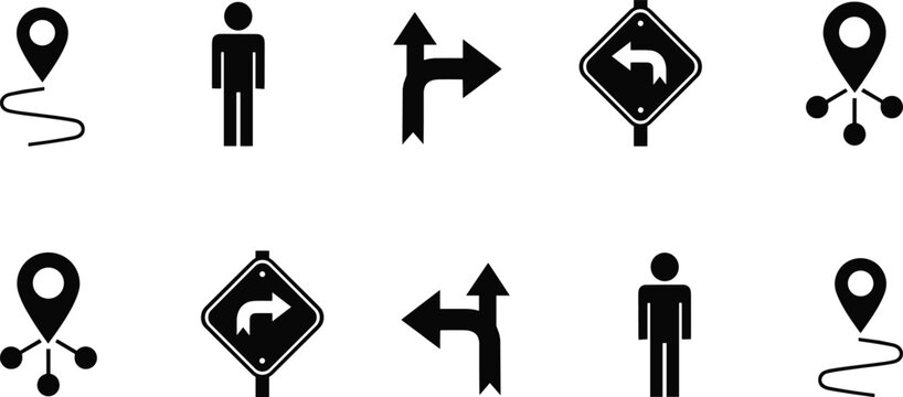 A professional black and white vector icon set featuring navigation map pins traffic road signs and pedestrian tourist symbols