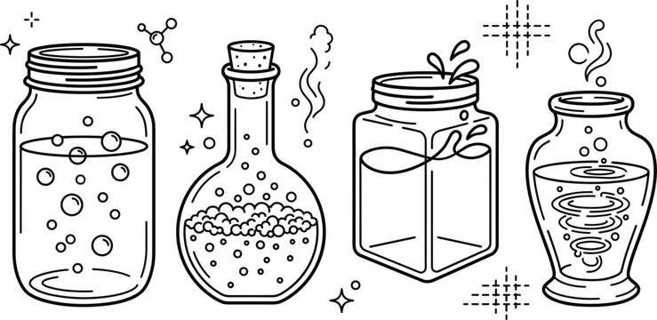 Magic potion bottle and glass jar icon set line art doodle vector illustration for chemistry laboratory alchemy witchcraft