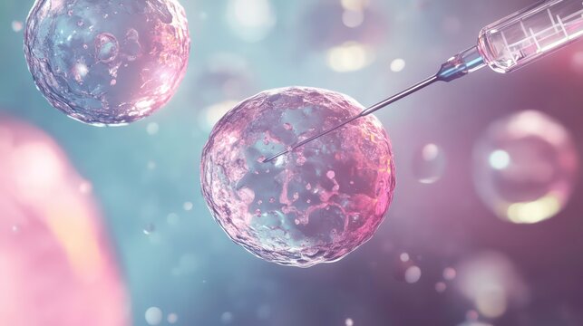 Medical needle injection into human egg cell microscopy detail, IVF In vitro fertilization as imagined -