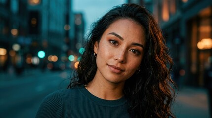 Obraz premium A young woman with long, dark hair standing in a city street at dusk, wearing a green sweater.