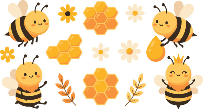 Cute honey bee and honeycomb cartoon characters collection vector illustration, funny bumblebee stickers elements set