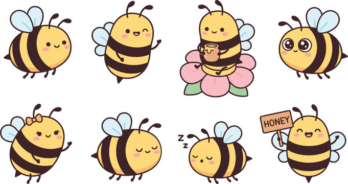 Cute honey bee cartoon characters collection vector illustration, funny bumblebee stickers set on isolated background