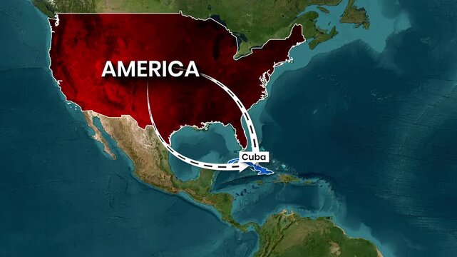 Animated map graphic showing the movement and connection between America and Cuba