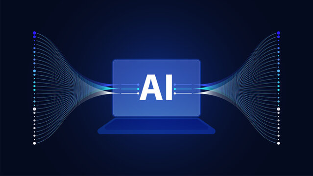 AI artificial intelligence concept. Glowing blue laptop with deep learning and big data flow lines. Futuristic digital technology for machine learning, data processing, and cyber cloud computing.