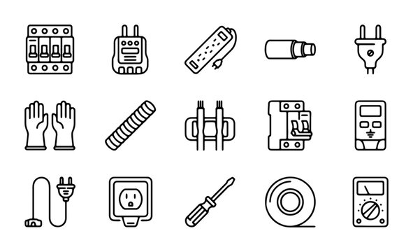 Electrical Tools and Equipment Icons, Safety Gear, Power Supply, Circuit Breakers, 15 Vector Elements
