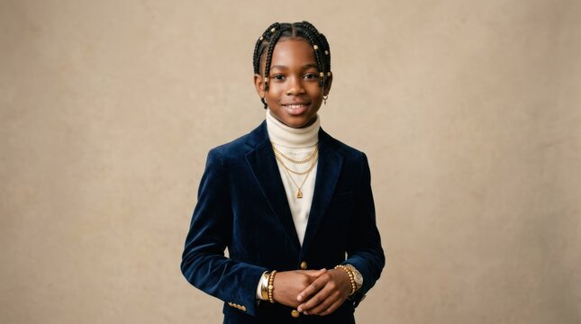 A young boy in a dark blue suit jacket and white turtleneck, standing against a beige background with a neutral expression.