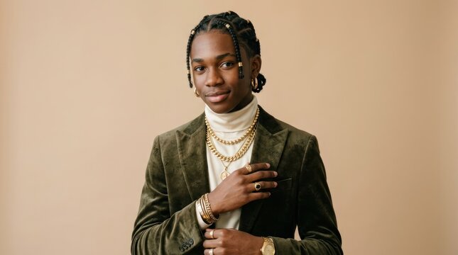 A young man in a green velvet suit with gold chains and a white turtleneck, standing against a beige background.