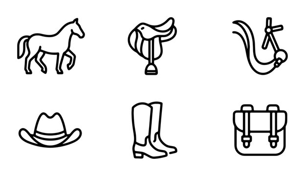 Western Horse Riding Icons: Cowboy Hat, Boots, Saddle, and Gear Vector Set