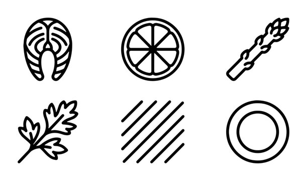 Minimalist Food Icons: Salmon Steak, Citrus Slice, Asparagus, Parsley, Plate, Pattern Vector Set