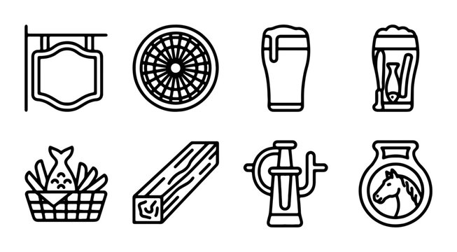 Pub Icons Set: Beer Glasses, Sign, Dartboard, Fish & Chips, Wood, Pump, Horse Emblem