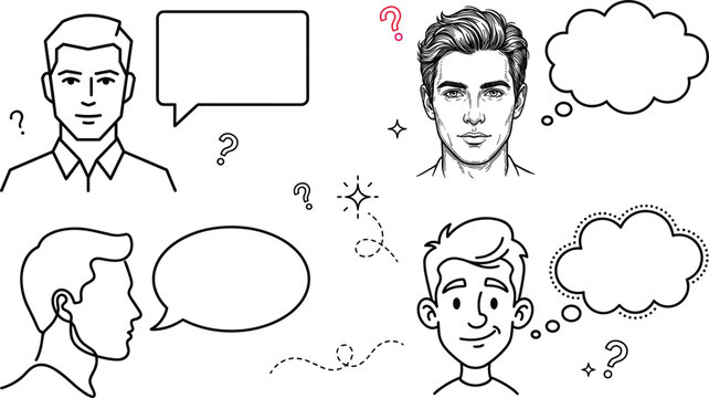 Man character face portrait set line art vector doodle illustration speech bubble thought cloud thinking talking communication concept