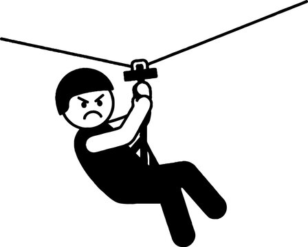 Cartoon character struggling on a zip line adventure.