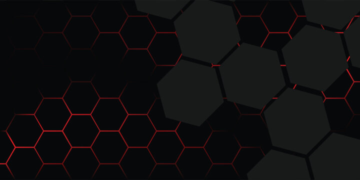 Abstract dark hexagon pattern on red neon background technology style. Modern futuristic geometric shape web banner design
