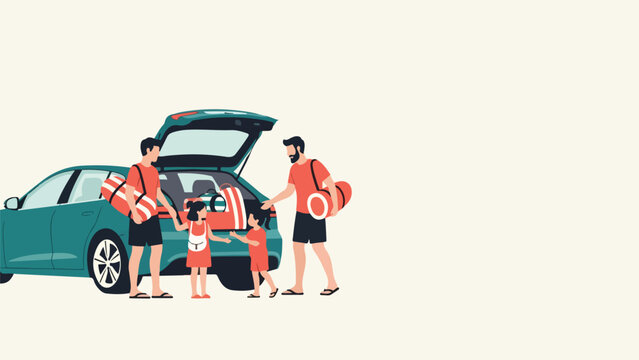 Family packing car for beach vacation with life jackets