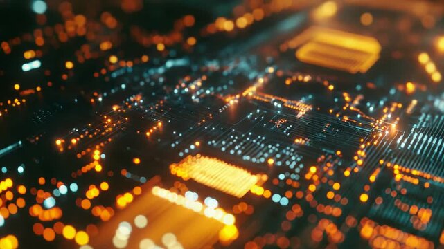 Glowing electronic components and intricate pathways representing a modern computing infrastructure, facilitating advanced technology, network connections, and the flow of digital information