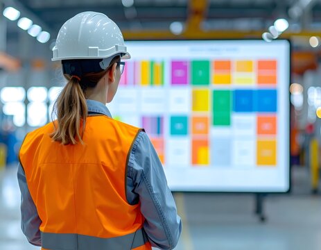 Industrial Worker Observing Large Color Coded Risk Matrix for Workplace Safety Assessment