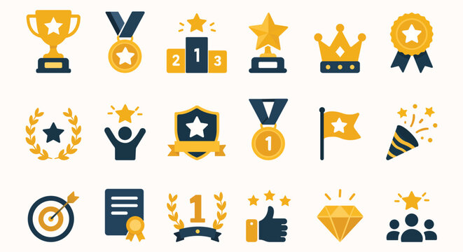 Trophy Collection: A vibrant set of icons representing achievement and success, featuring trophies, medals, podiums, crowns, and stars, celebrating victory and recognition.