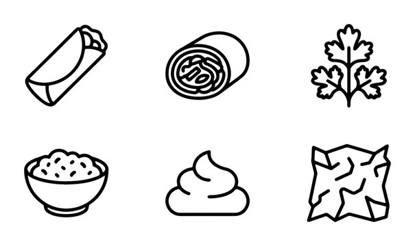 Mexican Food Icons: Burrito, Cilantro, Rice, Salsa, Tortilla Vector Set