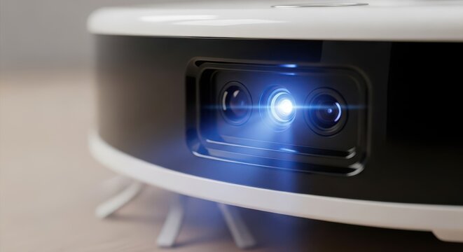 Close-up macro shot of a smart robot vacuum cleaner's advanced sensor array with glowing blue light