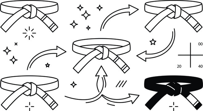 Martial arts black belt ranking icon set line art doodle vector illustration with arrows for level promotion success