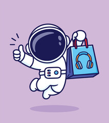 Fototapeta premium Astronaut with shopping bag in flight sign, space, telephone, design, science, technology, symbol, illustration, listening, musical, sound, music, isolated, phone, person, children, cartoon, screen, s