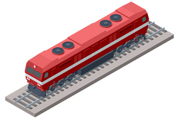 Isometric illustration of a modern red and white locomotive on a railway track. This powerful train engine symbolizes efficient cargo transport, passenger transit, and rail network speed © Golden Sikorka