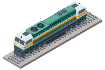 Isometric illustration of a modern locomotive on a railway track. This powerful train engine symbolizes efficient cargo transport, passenger transit, and rail network speed © Golden Sikorka