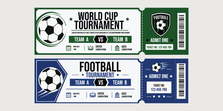 Football Tournament Tickets: Two tickets designed for a football tournament, featuring a soccer ball graphic and placeholder text for teams, dates, and admission details.