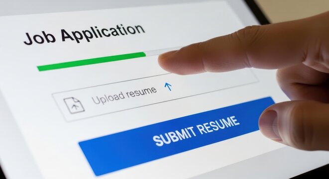 Job application digital interface on tablet screen, person uploading resume for employment, online recruitment and career search concept