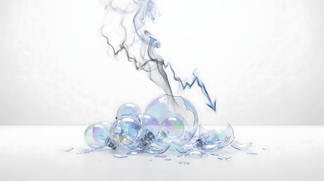 Shattered glass light bulbs with smoke arrow pointing down