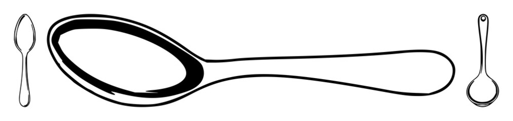 Obraz premium Spoon set with black line art on white background featuring utensil, kitchenware, dining with minimalist and outline design