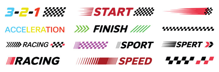 Collection of racing themed with checkered patterns speed lines and typography including words like start finish racing sport and speed in various colors on a white background © Jibit