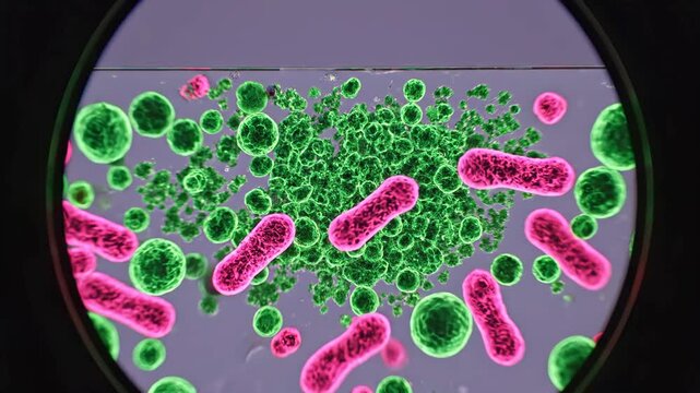 Microscope view showing bacteria cells and microbial clusters under high magnification, fluorescent stained microorganisms visible on laboratory slide during microbiology research and medical analysis