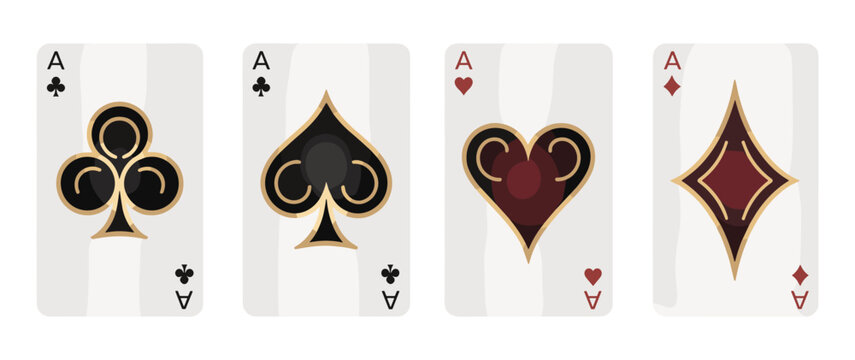Four playing cards showing the ace of clubs spades hearts and diamonds with stylized black and dark red suits outlined in gold on a light gray background with subtle white wavy patterns
