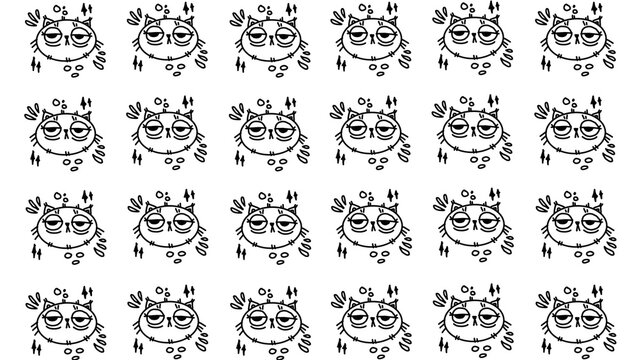 Cute grumpy cat face seamless pattern vector illustration. Hand drawn black and white doodle of angry kitten emotions on white background.