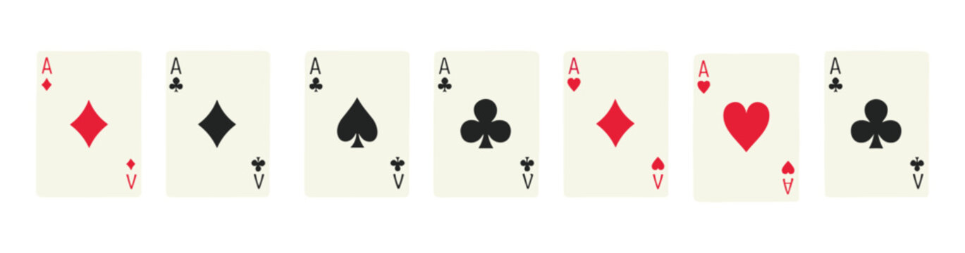 Seven playing cards showing various ace suits including diamonds spades hearts and clubs arranged in a horizontal row against a plain white background
