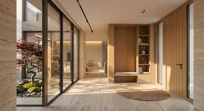Modern luxury home entrance foyer with wooden furniture and courtyard
