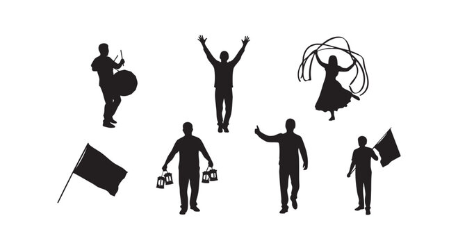 Celebration and parade elements with people drumming, cheering, dancing, carrying flags and lanterns, showing excitement.