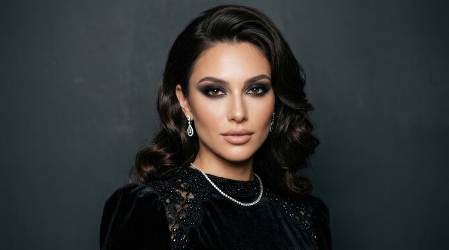 A woman with dark hair and makeup, wearing a black lace dress, standing against a dark background.