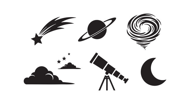 Collection of celestial objects and atmospheric phenomena icons and silhouettes including planets clouds telescope and moon.