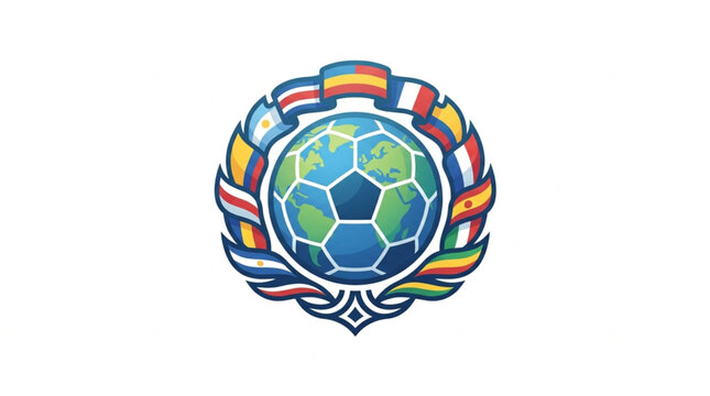 Soccer ball emblem with flags of the world and laurel wreath.