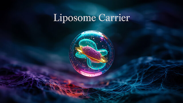 A vibrant liposome carrier molecule floats in a futuristic network environment with glowing blue and purple connections.