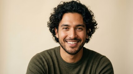 Fototapeta premium A man with curly hair smiling in front of a neutral background.