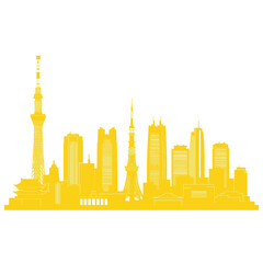 Obraz premium Yellow Tokyo Skyline Silhouette with Famous Landmarks, Isolated on White