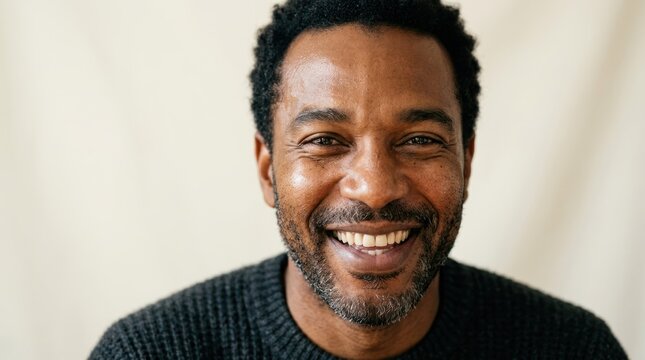 A man with a beard smiling, wearing a dark sweater, against a plain background.