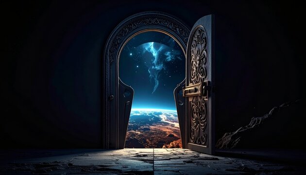 An ornate doorway opens to reveal a breathtaking view of Earth and the vibrant universe beyond