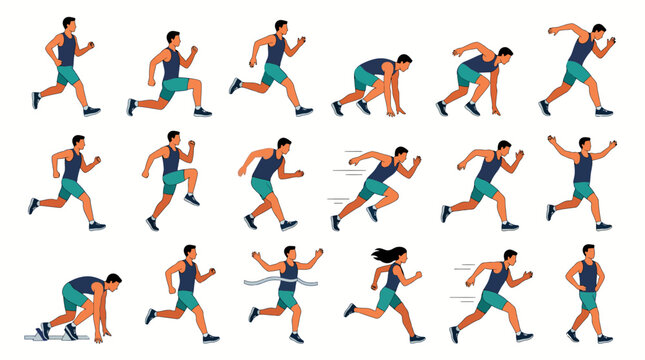 Male athlete character animation sheet with various running poses sprinting frames and finish line victory for design projects