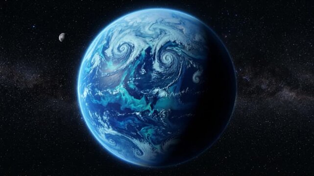 Ocean planet slowly rotating in space with swirling cloud systems a distant moon and a shifting sunlight glint