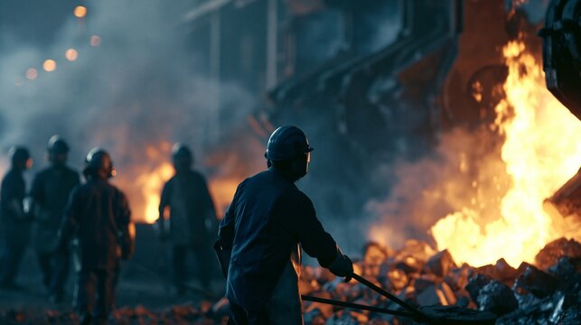 Medium shot in an aluminum melt shop focusing on degassing and dross removal techniques with workers managing equipment to ensure highquality alloy production.